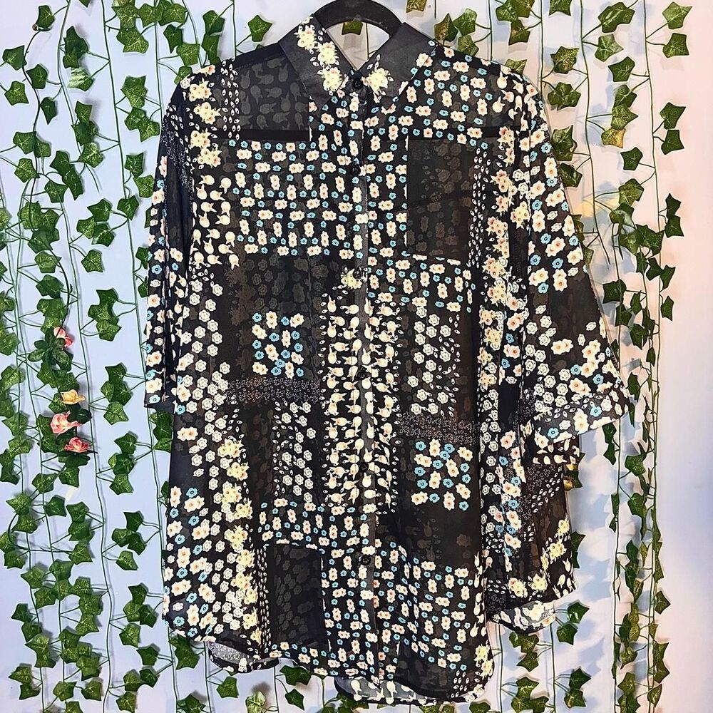 Women's Sheer Black Floral Patchwork Button-Down Blouse (XL)